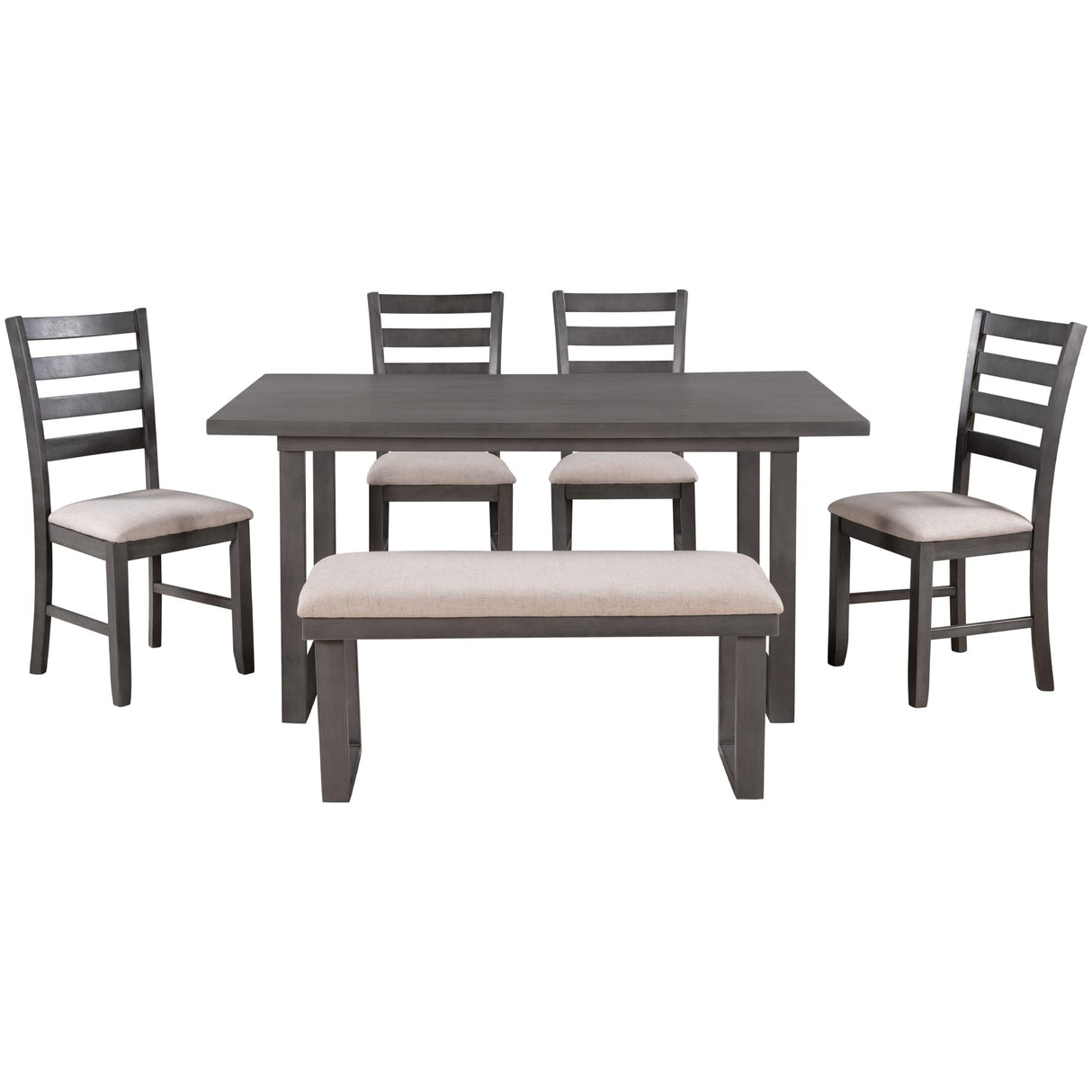 6 Piece Dining Table Set, Kitchen Table Set with Rectangular Table and 4 High Back Upholstered Dining Chairs and Tufted Bench, Wooden Dining Room Table Set for 6 Persons (Gray) Merax