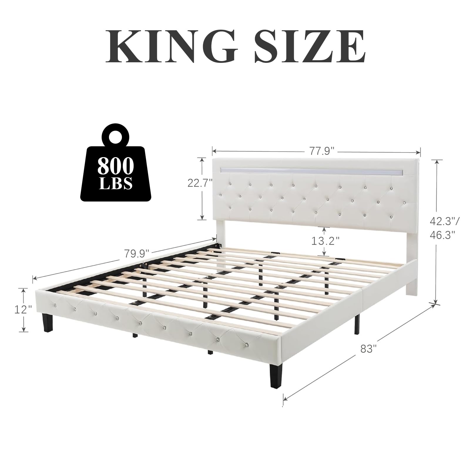 Kallabe White King Size Adjustable Leather Bed Frame with LED Lights & Charging Station - WoodArtSupply