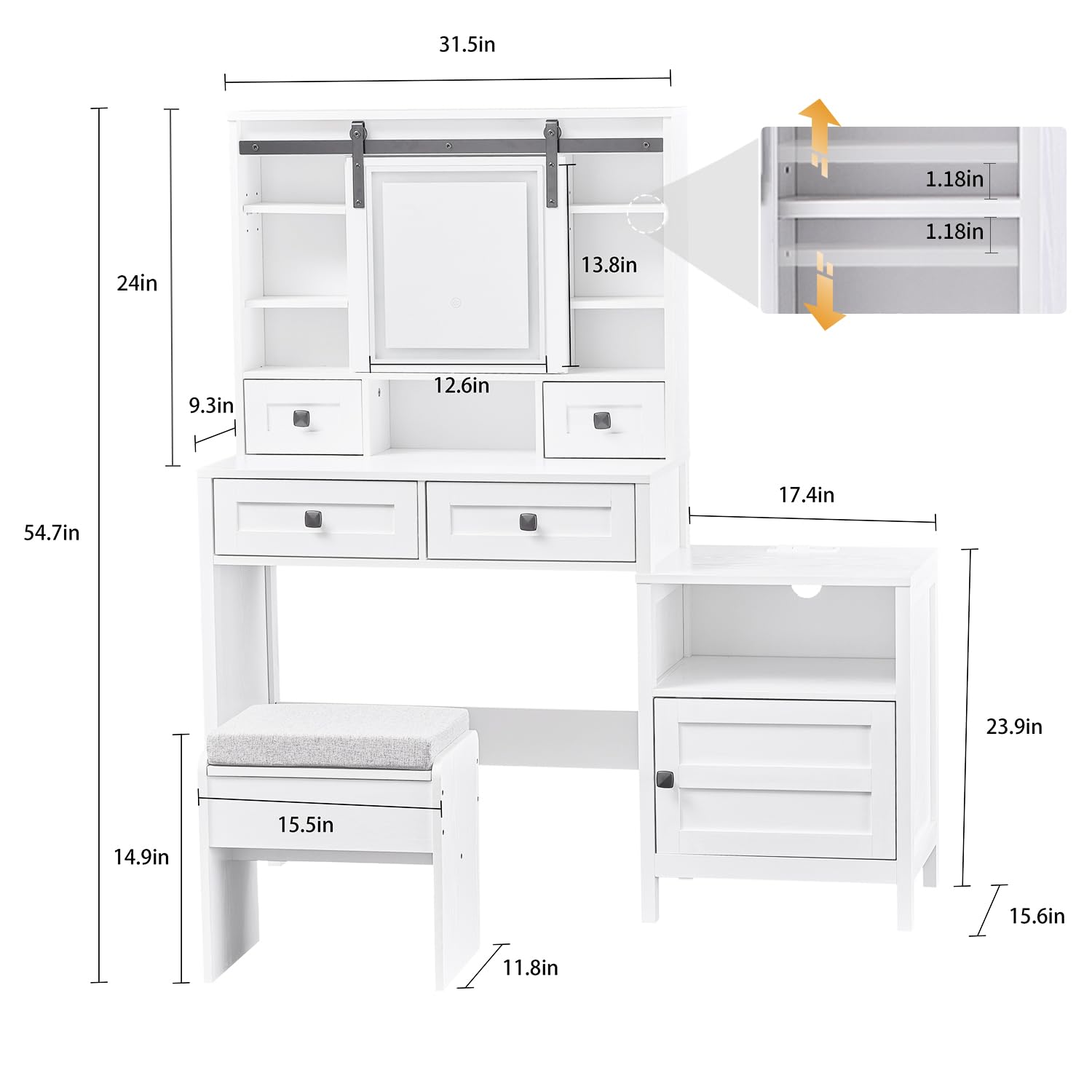 MECHYIN Vanity Desk with Sliding Mirror and Lights, 49'' Farmhouse Makeup Vanity with Nightstand & Power Outlet, Vanity Table with Drawers, Storage Shelves, Dressing Table Set with Stool for  - WoodArtSupply