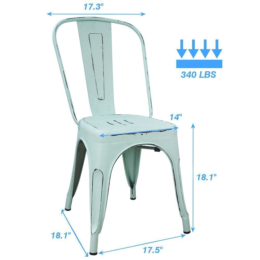 Devoko Metal Indoor-Outdoor Chairs Distressed Style Kitchen Dining Chairs Stackable Side Chair with Back Set of 4 (Blue) Devoko