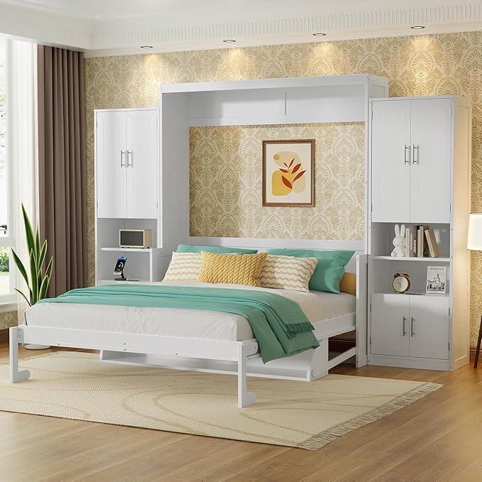 Brabrety Queen Size Murphy Bed Wall Bed with Desk and Closet,Drawers and Shelves,for Small Spaces Studio Study Office Guest Room Use (White#Desk, Queen) Brabrety