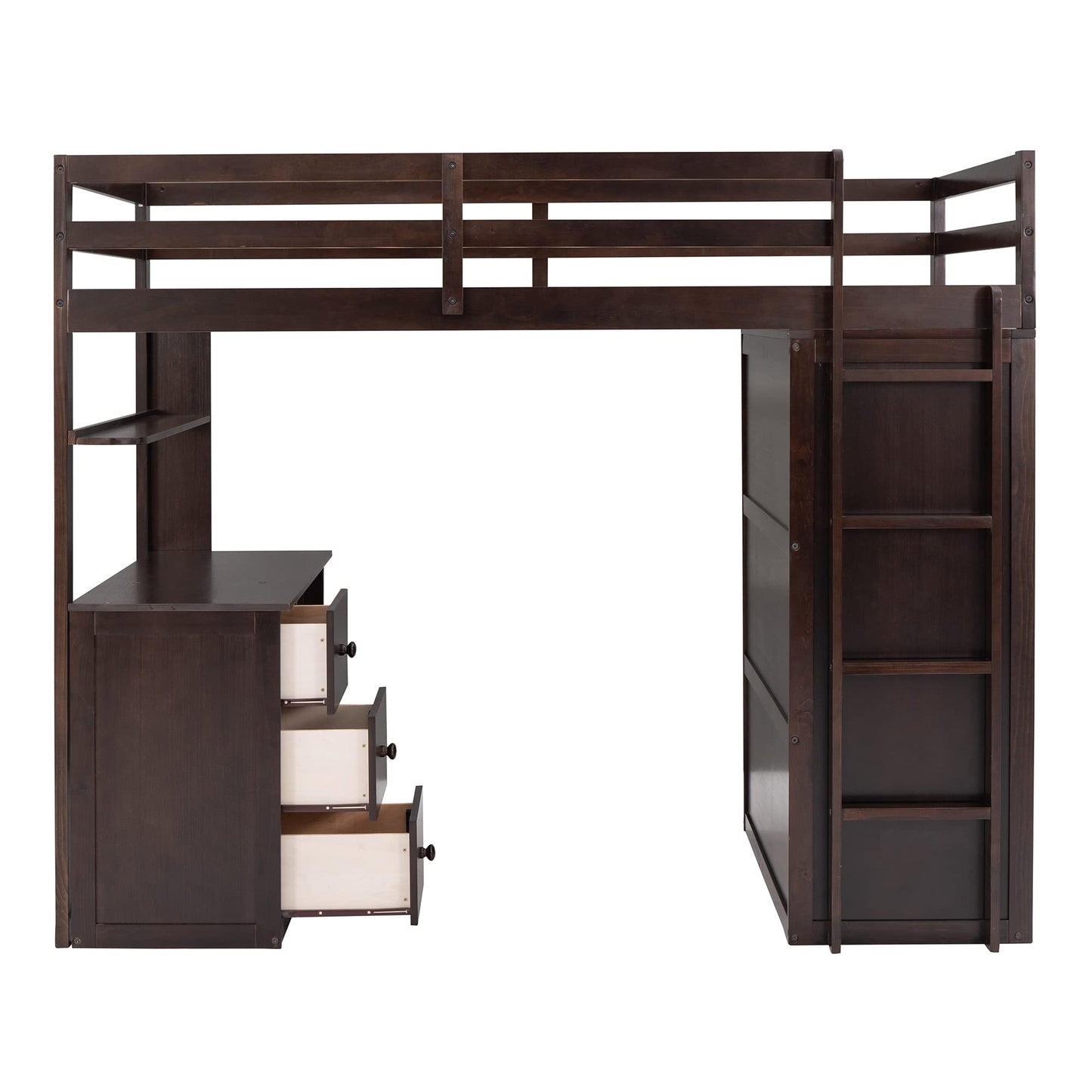 Harper & Bright Designs Twin Loft Bed with Desk and Wardrobe,Solid Wood Loft Bed Frame Twin with Storage Drawers for Kids Teens Adults,No Box Spring Needed,Espresso