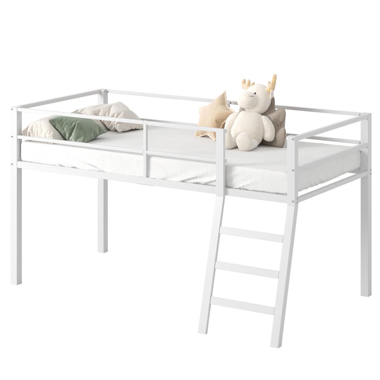 Lutown-Teen Loft Bed Twin Size, Low Junior Metal Twin Loft Bed with Stairs and Safety Guard, Noise Free and Space Saving, White Lutown-Teen
