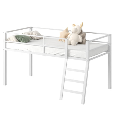 Lutown-Teen Loft Bed Twin Size, Low Junior Metal Twin Loft Bed with Stairs and Safety Guard, Noise Free and Space Saving, White