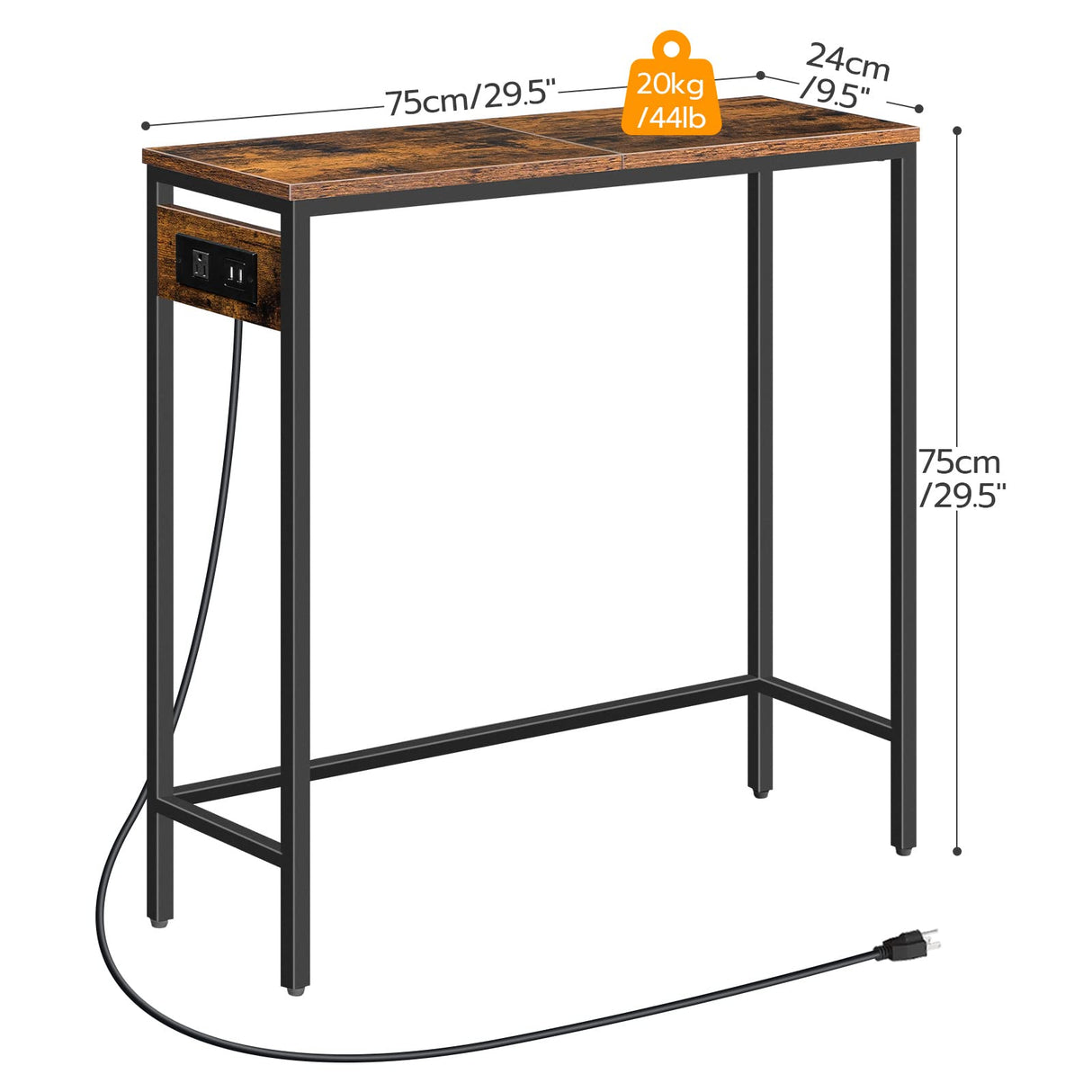 HOOBRO Narrow Console Table with Power Outlets, 29.5" Small Entryway Table with Charging Station, Thin Sofa Table, Side Table, for Hallway, Bedroom, Living Room, Rustic Brown and Black BF75UXG01 HOOBRO