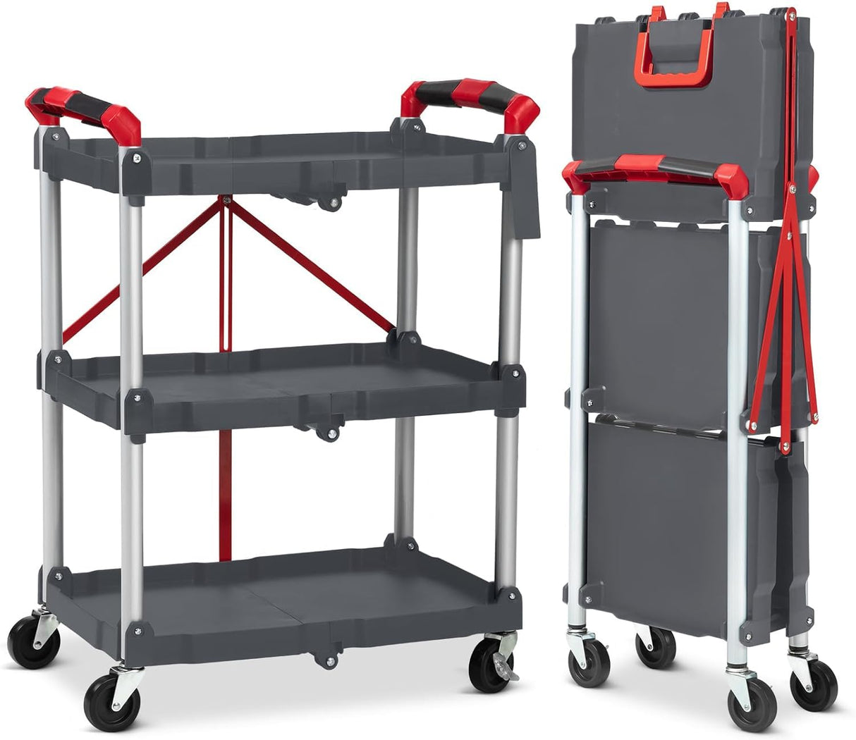Portable Folding Service Cart, 3-Tier Fold Up Rolling Cart, Collapsible Push Cart with Wheels, 56 Lbs Load Capacity per Shelf Folding Utility Carts for Home/Office/Warehouse - Gery PioneerWorks