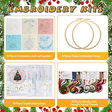 Canlierr 10 Sets Christmas Embroidery Kit with Patterns Instructions Needle Thread Tool Christmas DIY Cross Stitch for Adult Beginner Lover Xmas Holiday Party Supplies(Classic Style) Canlierr