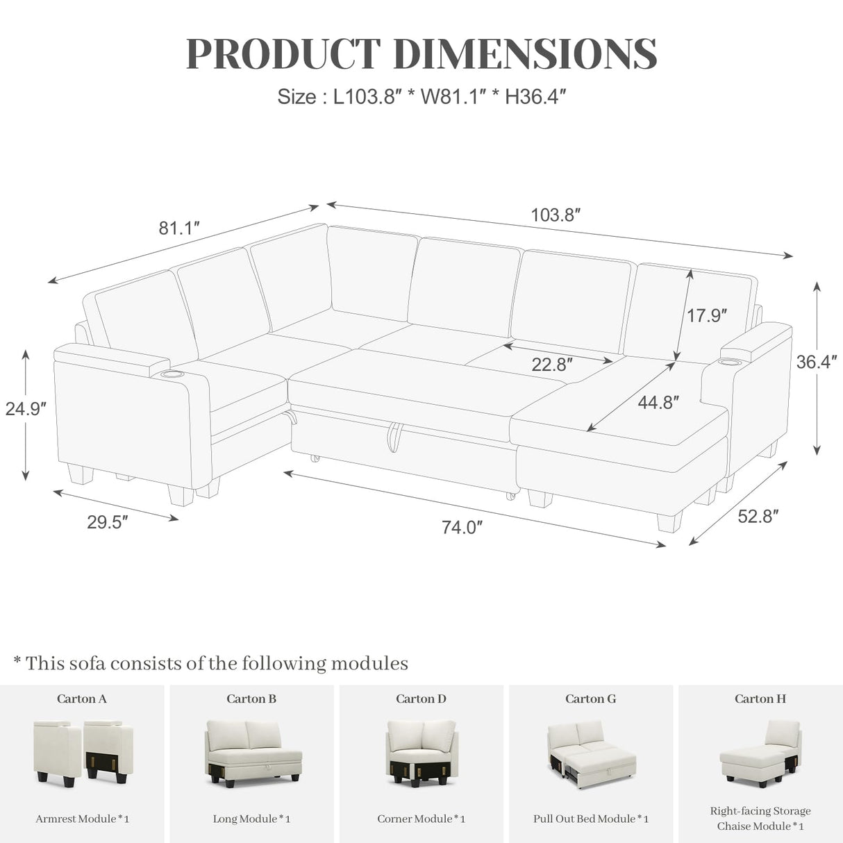 Belffin Sleeper Sofa Modular Sectional Pull Out Couch Bed U Shaped Sofa Couch for Living Room with Storage Chaise. White Belffin