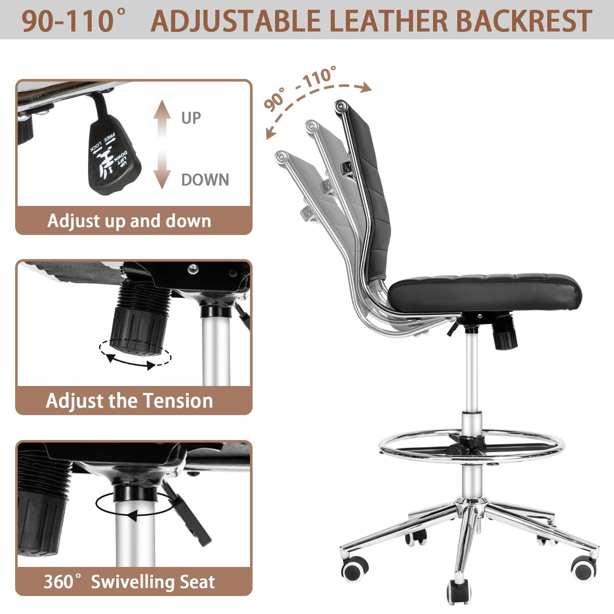 LUCKWIND Drafting Chair Tall Office Chair Ribbed - Mid-Back PU Leather Standing Desk Stool with Adjustable Foot Ring Wide Seat Tilt-Tension Rocker Lumbar Support Swivel Rolling 400lbs, Black LUCKWIND