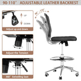 LUCKWIND Drafting Chair Tall Office Chair Ribbed - Mid-Back PU Leather Standing Desk Stool with Adjustable Foot Ring Wide Seat Tilt-Tension Rocker Lumbar Support Swivel Rolling 400lbs, Black LUCKWIND