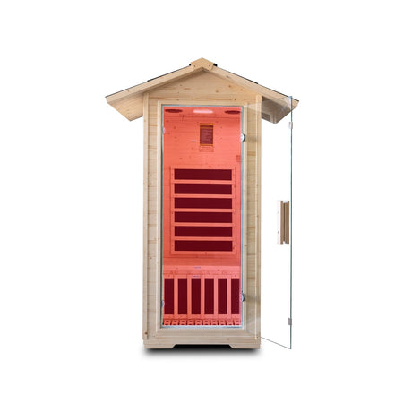 1 Person Far Infrared Home Sauna,Outdoor Indoor Wooden Dry Sauna Room with 5 Graphene Heating Panels,1400W/110V Tempered Glass Door, Oxygen Ionizer, 7 Chromotherapy Lights, Bluetooth Sound System Homsido