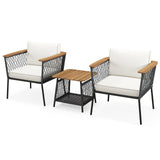 Tangkula 3 Piece Patio Furniture Set, Rattan Chair Set w/ 2-Tier Coffee Table, Acacia Wood Armrests & Tabletop, Soft Seat & Back Cushions, Outdoor Wicker Conversation Set (Off White+Grey) Tangkula