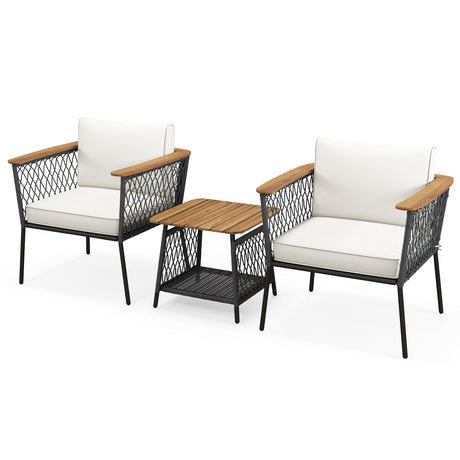 Tangkula 3 Piece Patio Furniture Set, Rattan Chair Set w/ 2-Tier Coffee Table, Acacia Wood Armrests & Tabletop, Soft Seat & Back Cushions, Outdoor Wicker Conversation Set (Off White+Grey) Tangkula