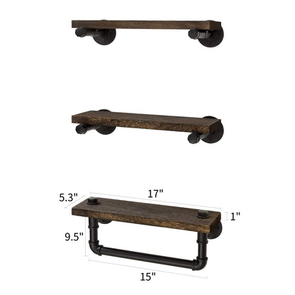 Mkono Floating Shelves with Industrial Pipe Brackets and Towel Bar, Set of 3 Rustic Bathroom Shelf Wall Mounted Shelves Wood Storage Shelving Home Decor for Bedroom Kitchen Living Room