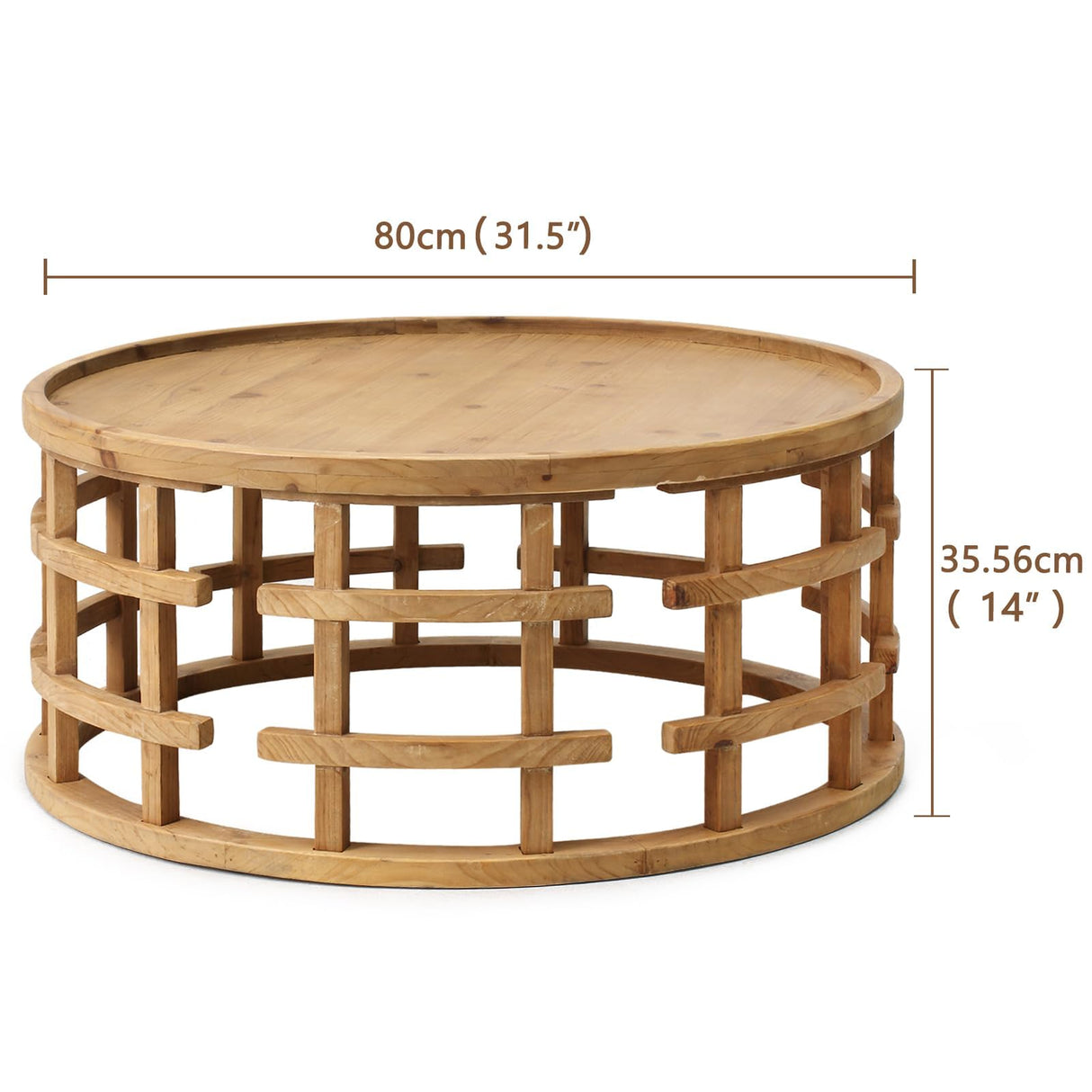 RUSTOWN Farmhouse Round Coffee Table, French Country Sofa Tables,Rustic Soild Wood Finish with Openwork Pattern and Curved Frame Base, Boho Handcrafted Wooden Coffee Table for Living Room, Natural RUSTOWN
