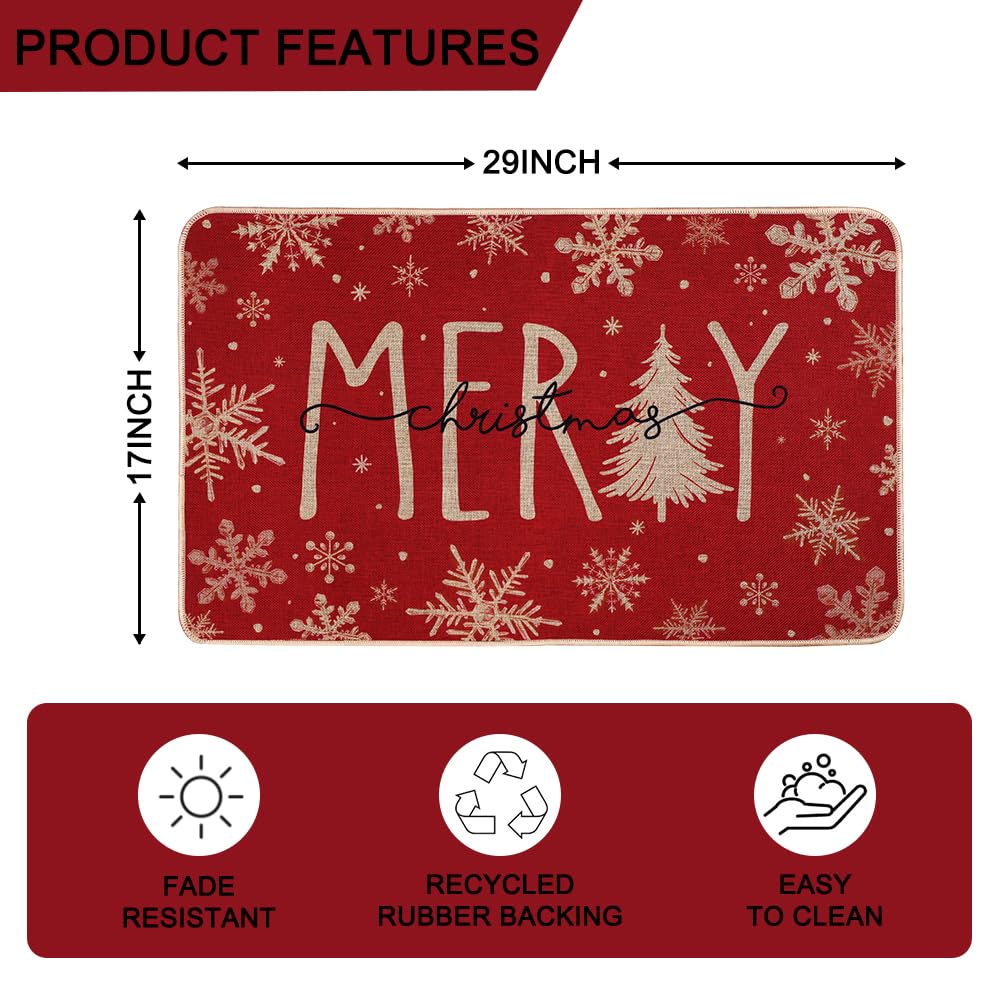 Heirloom Haven Merry Christmas Snowflakes Red Winter Doormat 17 x 29 Inch, Christmas Tree Holiday Decorative Throw Mat Non-Skid Entryway Mat Washable Floor Mats for Bedroom Living Room Kitchen Heirloom Haven