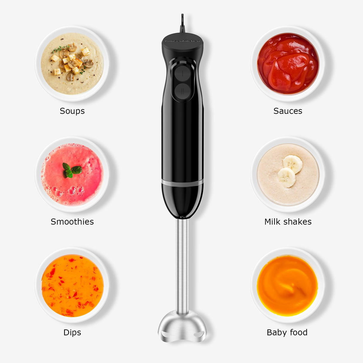 Bonsenkitchen Hand Blender, Immersion Blender with 2 Mixing Speed, Electric Handheld Blender Portable Stick Mixer with Stainless Steel Blades for Soup, Smoothie, Puree, Baby Food Bonsenkitchen