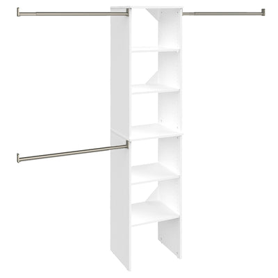 ClosetMaid SuiteSymphony Wood Closet Organizer Starter Kit with Tower and 3 Hang Rods, Shelves, Adjustable, Fits Spaces 4 – 9 ft. Wide, Engineered Wood, Pure White, 16"