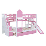Kids Full Bunk Bed with Stairs and Slide, Wood Full Over Full Bunk Bed with Storage Drawers and Shelves, Castle Style Bunk Beds for Kids Teens Girls Boys, Pink Bellemave