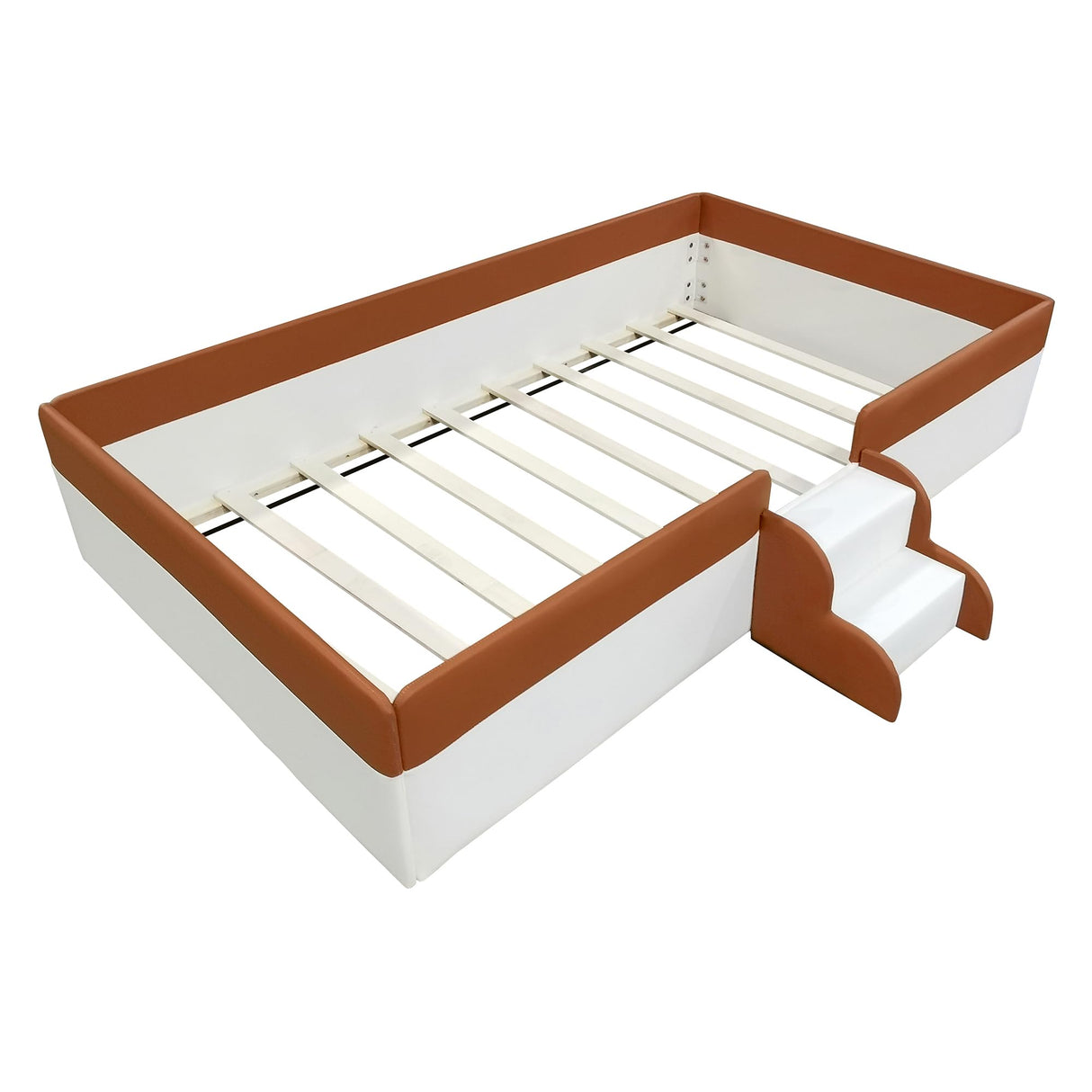 PU Upholstered Floor Bed with Fence and Stairs, Twin Floor Bed with Slats, Montessori Floor Bed for Kids, Girls, Boys, Twin Size Montessori Bed (Brown+White) Bellemave