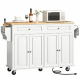 Hlivelood 55" Movable Kitchen Island with Drop Leaf and Power Outlet, Rolling Island Cart w/Storage Cabinet, Island Table on Wheels for Kitchen w/2 Drawers, Spice Rack, Towel Bar, Garage Hook, White Hlivelood