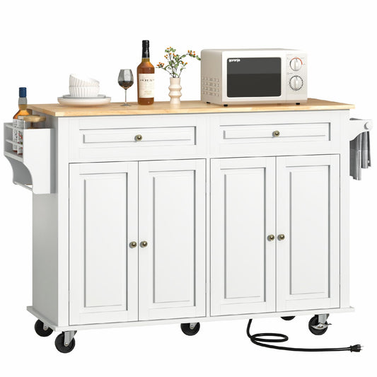 Hlivelood 55" Movable Kitchen Island with Drop Leaf and Power Outlet, Rolling Island Cart w/Storage Cabinet, Island Table on Wheels for Kitchen w/2 Drawers, Spice Rack, Towel Bar, Garage Hook, White