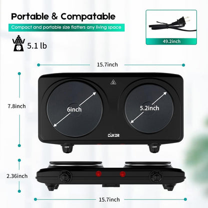 CUKOR Electric Hot Plate, Double Cast Iron 2 Burner, 1800W Countertop Burner, Dual Electric Stove Burners, Portabel Electric Cooktop, Portabel Double Burner for Cooking