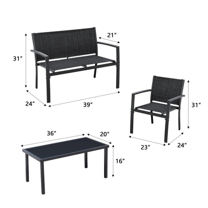 Greesum 4 Pieces Patio Furniture Set Outdoor Conversation Textilene Fabric Chairs for Lawn, Garden, Balcony, Poolside with A Glass Coffee Table, Black - WoodArtSupply