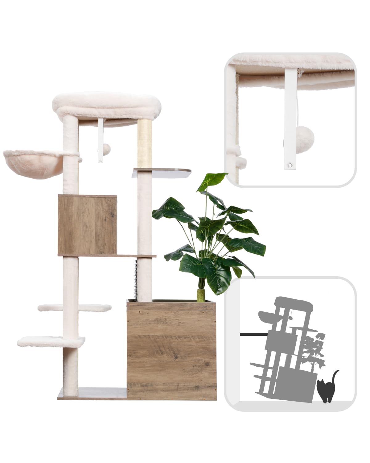 Gitelsnour Cat Tree with Litter Box Enclosure, Large Wooden Cat Tower Cat Condo for Indoor Cats with Play Garden (Leaf, Lawn, Hair Rubbers), Modern Cat House, Rustic Gray GCT110SG Gitelsnour