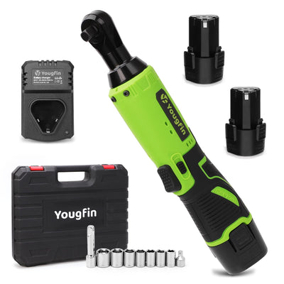 YOUGFIN Cordless Electric Ratchet Wrench 3/8", Power Socket Wrench 40 Ft-lbs, Brushless Torque Ratchet with 2 Batteries (2.0Ah) & Charger, Compact Electric Right Angle Ratchet for Car Narrow Space 12v