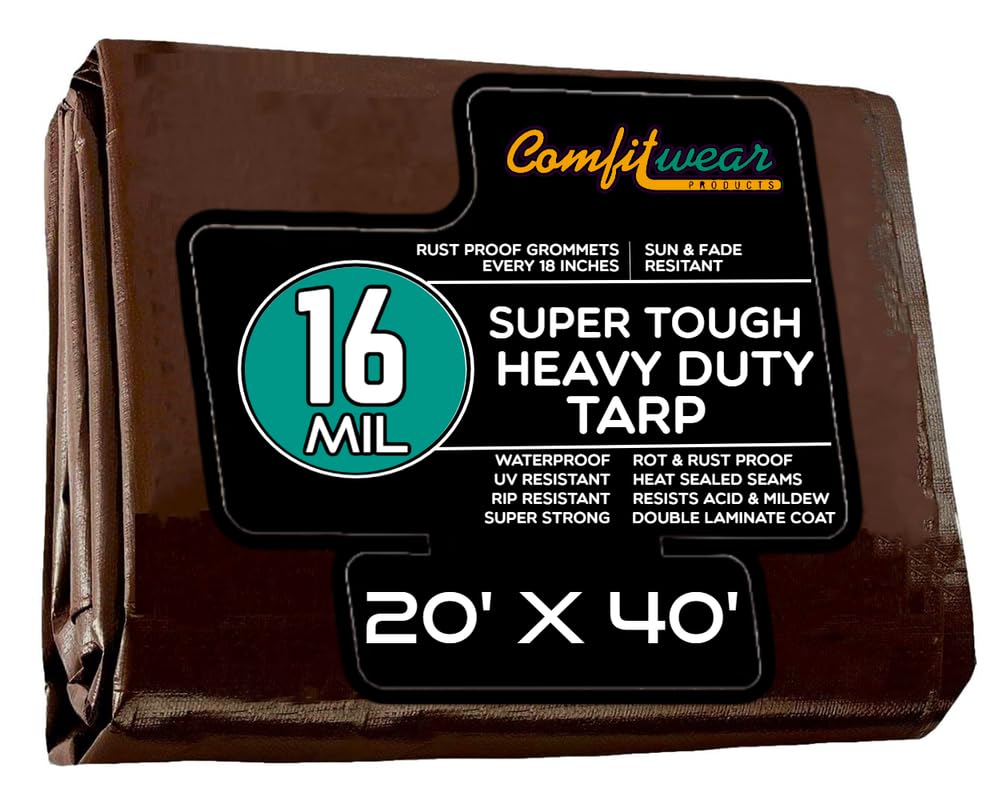 COMFITWEAR 16 MIL Heavy Duty Tarp Super Heavy Duty Tarp Cover 16 MIL Multi-Purpose Extra Heavy Duty Tarps Car Tarp Boat Tarp Camping Tarp General Purpose Waterproof Tarp Cover (20' X 40', Brown) COMFITWEAR
