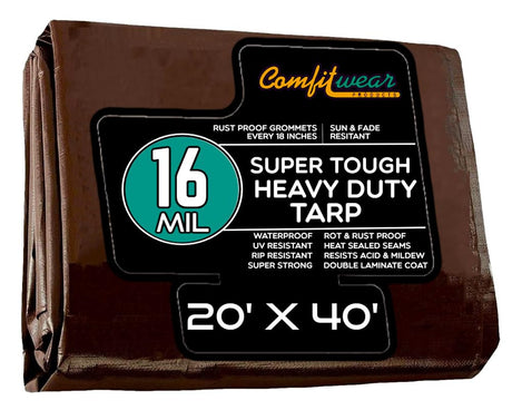 COMFITWEAR 16 MIL Heavy Duty Tarp Super Heavy Duty Tarp Cover 16 MIL Multi-Purpose Extra Heavy Duty Tarps Car Tarp Boat Tarp Camping Tarp General Purpose Waterproof Tarp Cover (20' X 40', Brown) COMFITWEAR