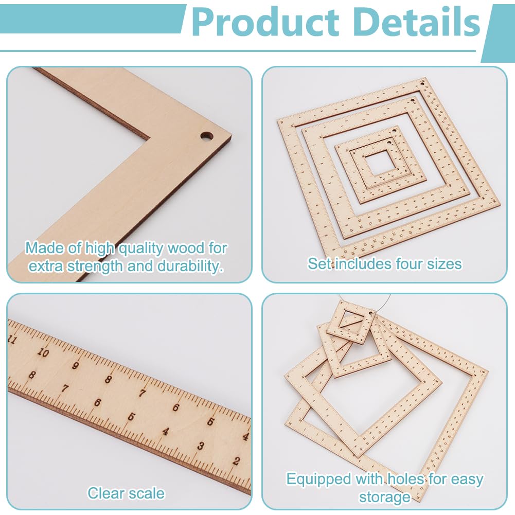 FINGERINSPIRE 4 Pcs Square Wood Knitting Gauge Rulers 0.78/3/5.5/7.3inch Wooden Knitting Gauge Swatch Ruler Knitting Heedle Gauge Measuring Tool Sets for Crochet Measurement Tool for Knitters FINGERINSPIRE