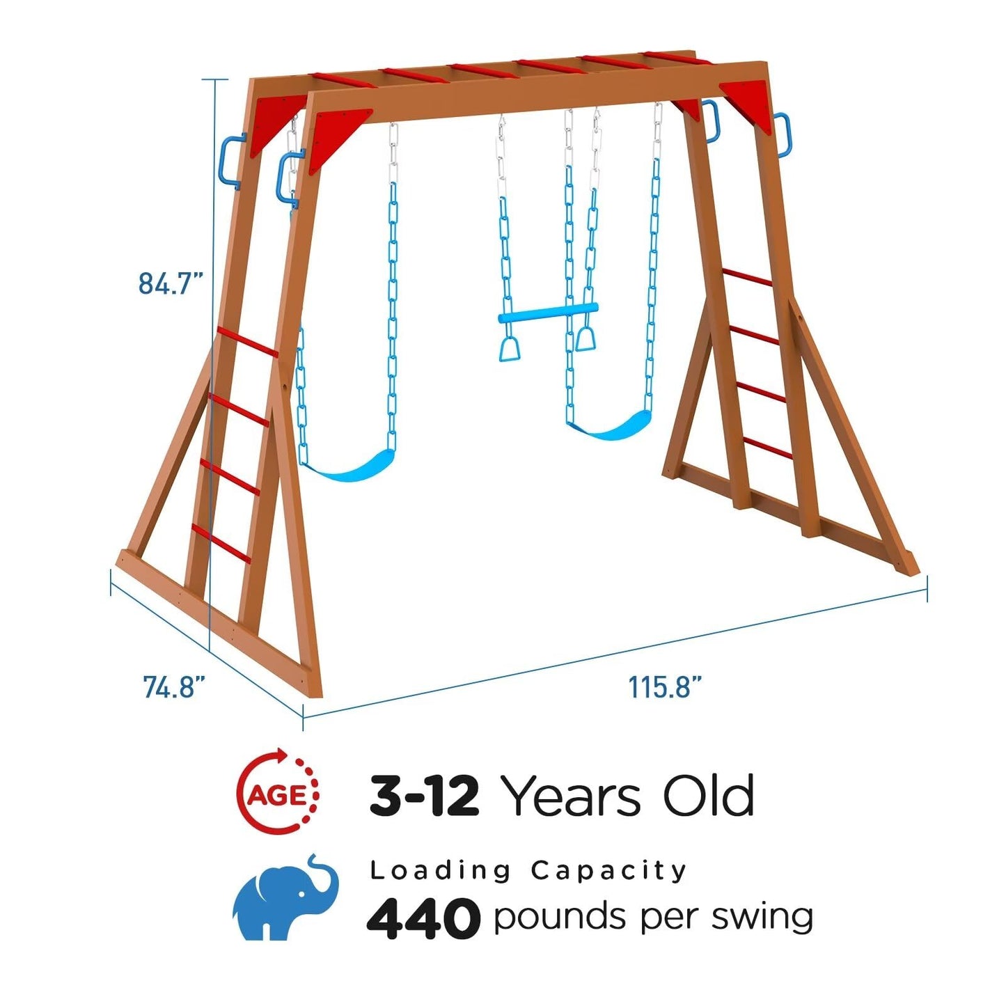 Dolphin Playground Wooden Swing Sets for Backyard with Monkey Bar, Outdoor Playset for Kids with Trapeze Swing Bar and 2 Belt Swings, Kids Outdoor Play Equipment, Heavy Duty Playground Accessories