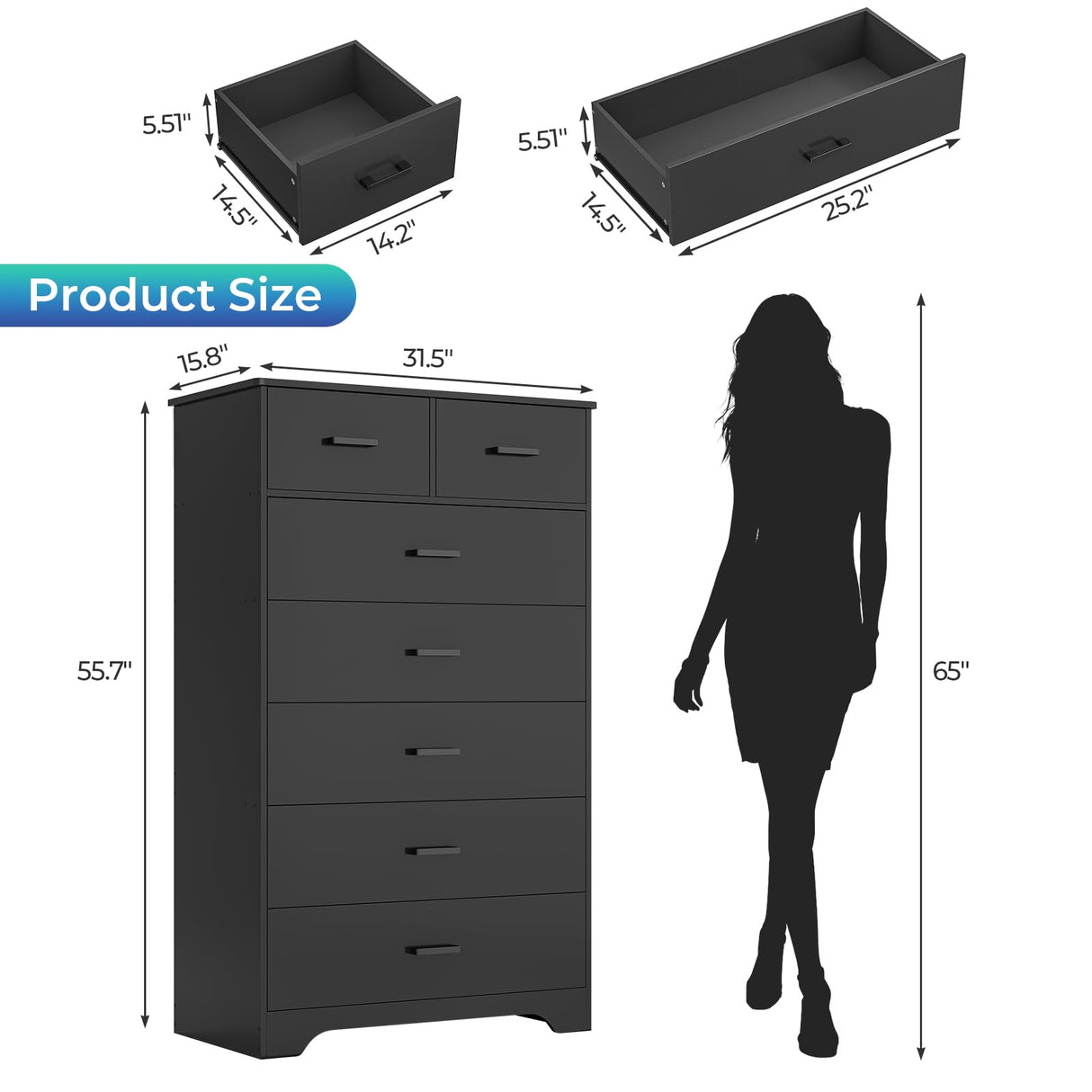 DICTAC Black Dresser for Bedroom with 7 Drawers, 55.7" Tall Dresser Chest of Drawers, Modern Large Wood Storage Dresser Organizer with Metal Handle, Vertical Dresser for Bedroom, Living Room, Nursery DICTAC
