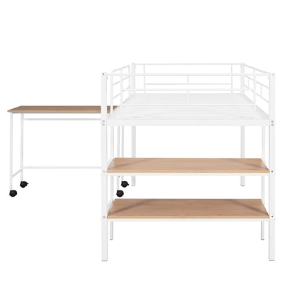 Harper & Bright Designs Low Loft Bed with Desk, Twin Size Metal Loft Bed Frame with Storage Shelves for Kids (Twin Size, White)