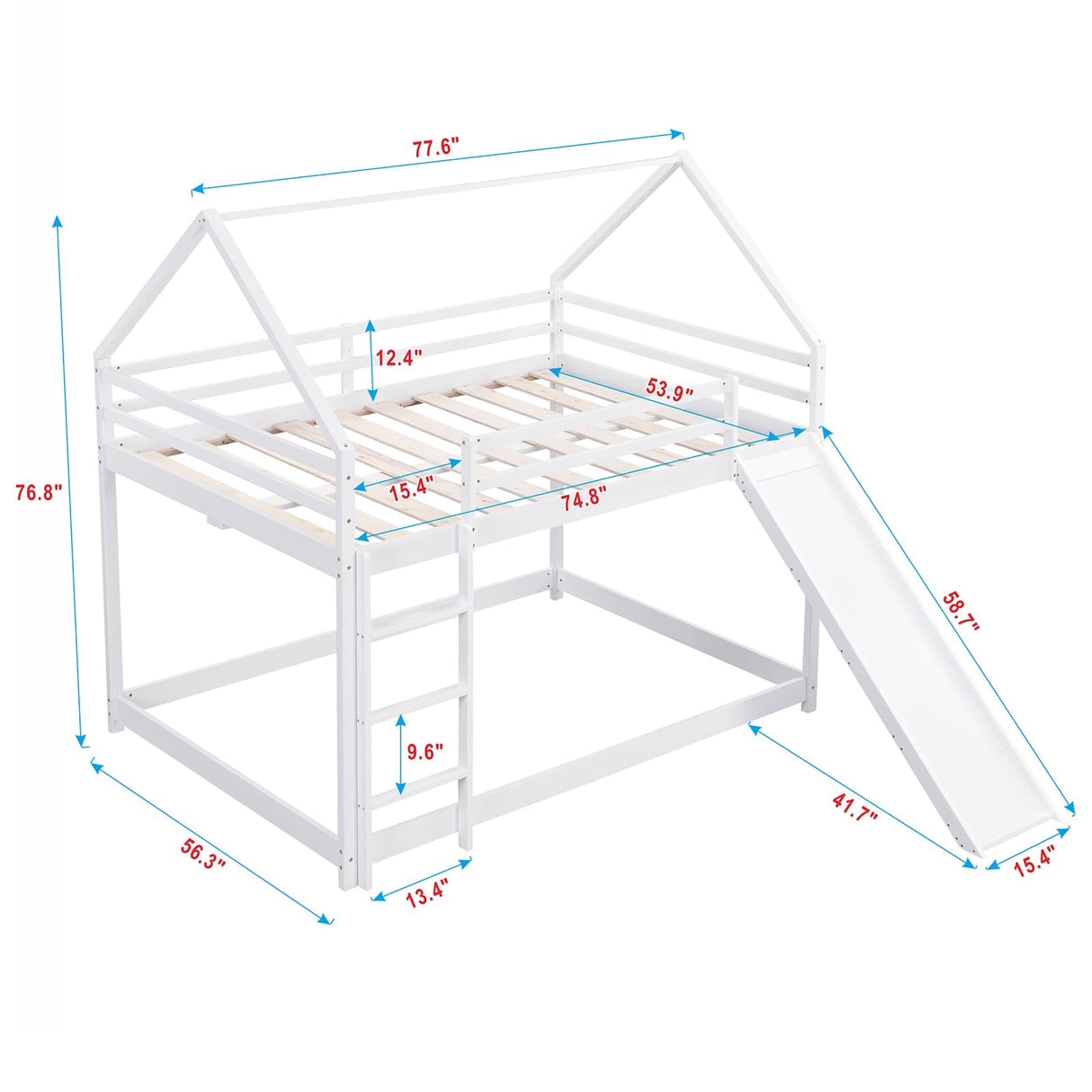 Full Size Loft Bed with Slide, Space Saving House Bunk Beds for Kids Bedroom Furniture, Pine Wood Bed Frame with 12.4" High Safety Guardrail & Ladder, No Box Spring Needed, Teens, Girls, Boys, White Obuvar