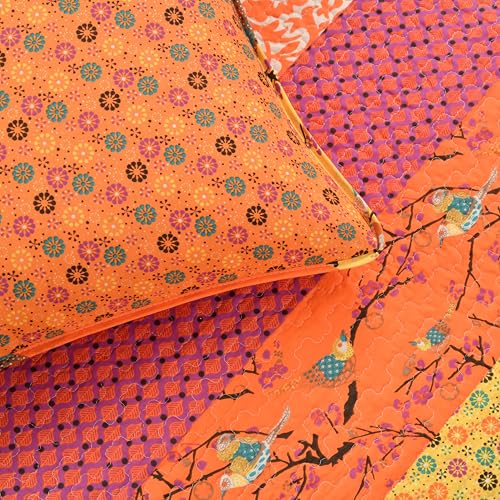 Lush Decor Royal Empire Reversible Cotton Quilt Set, 3 Piece Set Full/ Queen, Tangerine - Striped Bedding Set - Floral Quilt Queen Size - Orange Bedding - Boho Decor Lush Decor