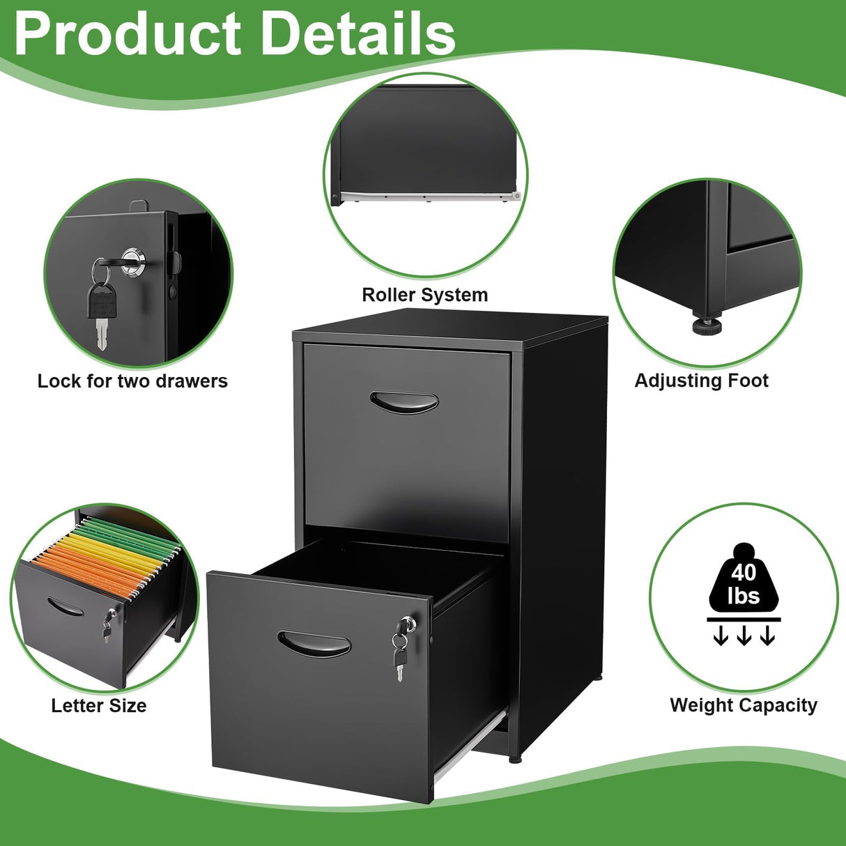 TIMELESS PIECES 2-Drawer Black Metal File Cabinet for Home Office, Locking, Small, Vertical TIMELESS PIECES