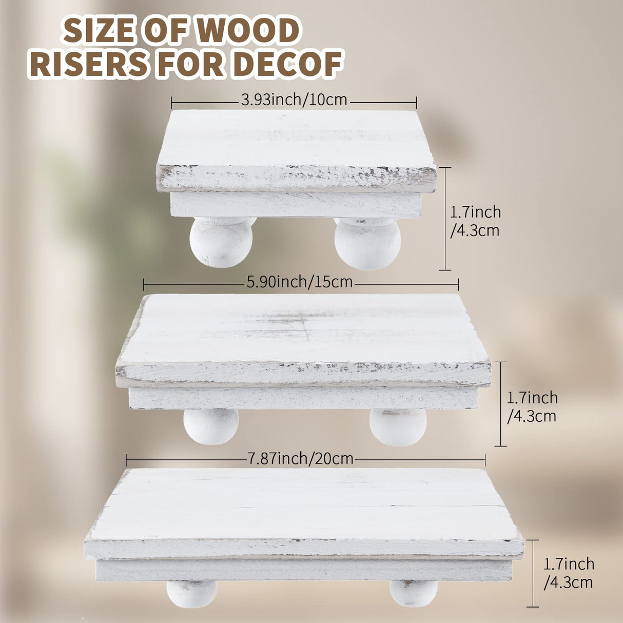 Thyle Set of 3 Wooden Risers for Display Wood Pedestal Stand Square Wood Tiered Display Stand Washed White Wood Display Riser Wood Risers for Decor Rustic Farmhouse Riser for Home Kitchen Tiered Tray Thyle