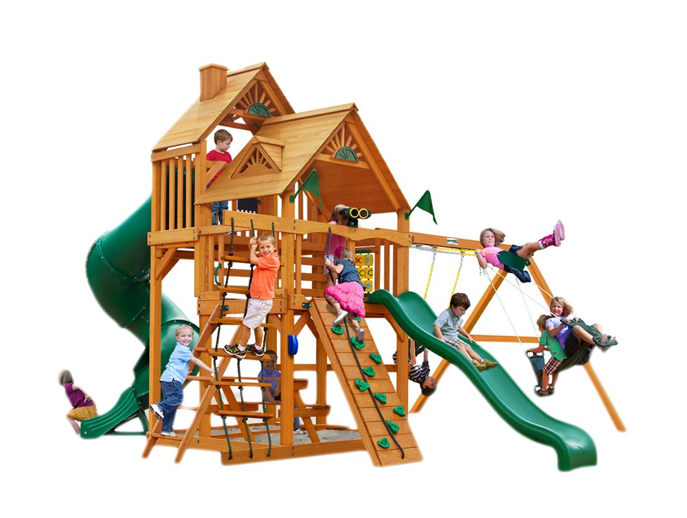 Gorilla Playsets 01-0030-AP Great Skye I Wood Swing Set with Wood Roof, Tube Slide, and Upper Level, Amber