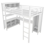 Full Size Loft Bed with Wardrobe and Storage Cubes, Heavy Duty Loft Bed with Desk, Storage Shelf and Guardrail, White Bellemave