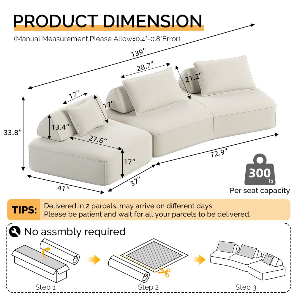 Tabaray 139" Oversized Boneless Couch, Chenille Curved Sofa, Minimalist Modular Sectional Sofa Set with Removable Backrests, 3 Pillows, Deep Seat, Modern Couches for Living Room, Bedroom, Beige Tabaray