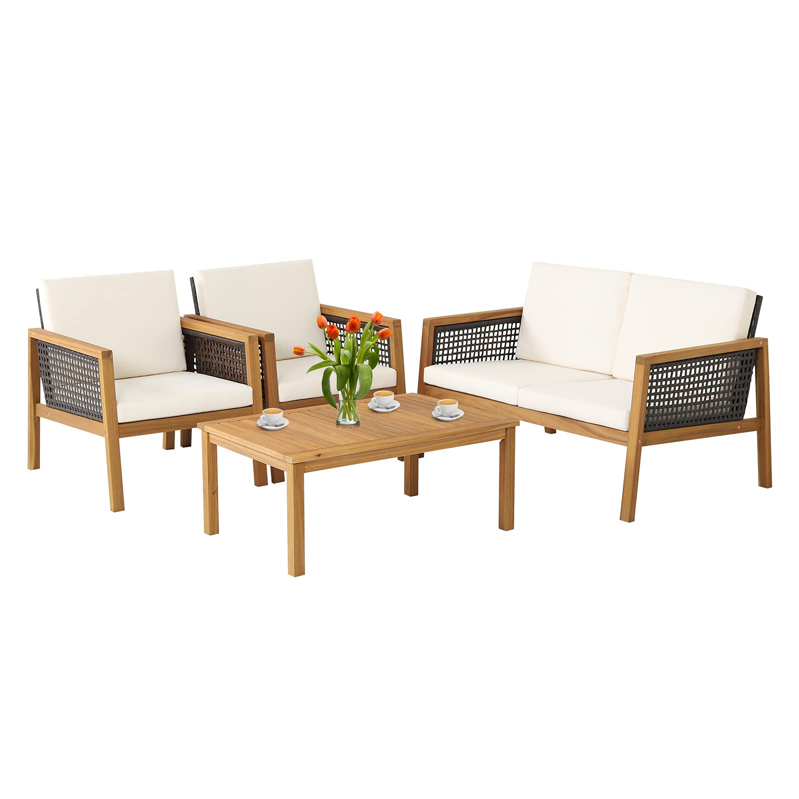 PATIOJOY 4 Pieces Outdoor Acacia Wood Furniture Set, PE Wicker Conversation Set with Coffee Table and Soft Cushions, Sofa for Garden, Poolside and Backyard (1, Off White) - WoodArtSupply