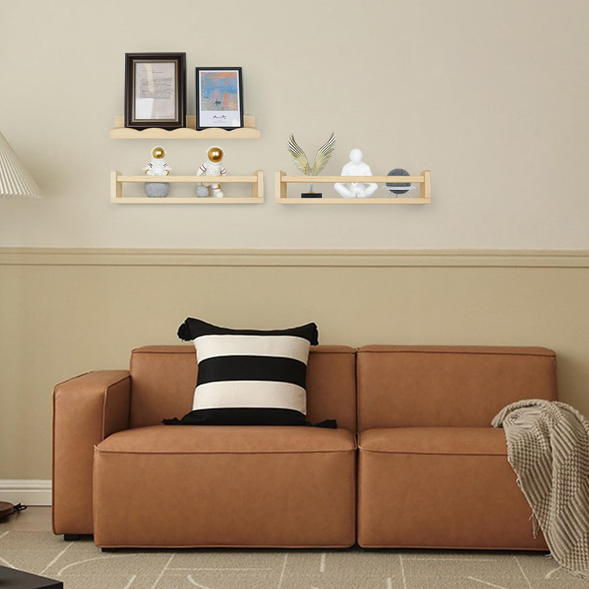 storenization Floating Book Shelves for Wall, 16.5" Natural Wood Nursery Shelves for Book Storage, Solid Pine Wooden Floating Wall Bookshelf for Bedroom Living Room, Set of 2+1, Unfurnished - DIY storenization