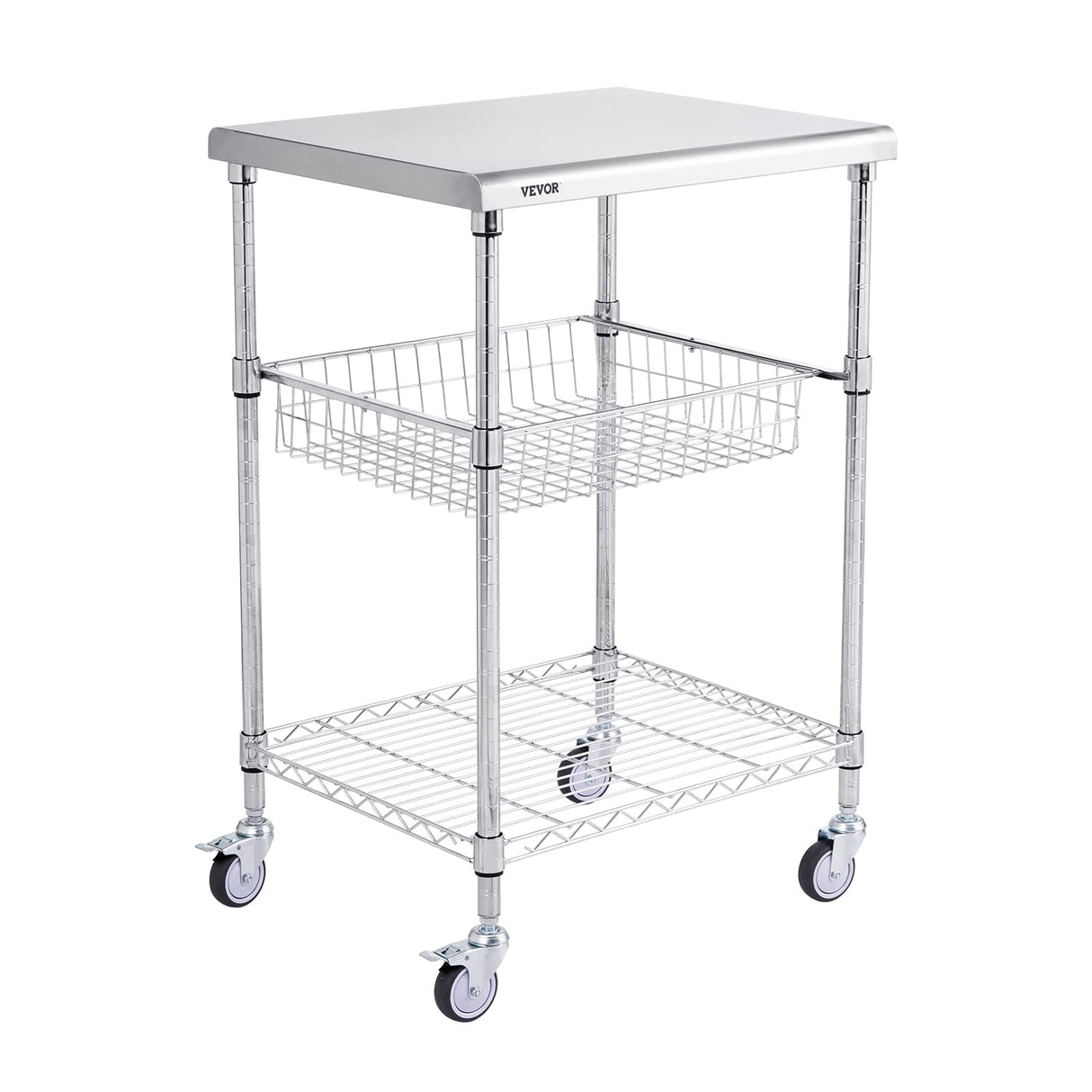 VEVOR Kitchen Utility Cart, 36.6"x20"x24" 3 Tiers Wire Rolling Cart, 470LBS Capacity Steel Service Cart with Brake Wheels, Storage Trolley with 76mm Basket PP Liner 6 Hooks, for Indoor & Outdoor Use VEVOR