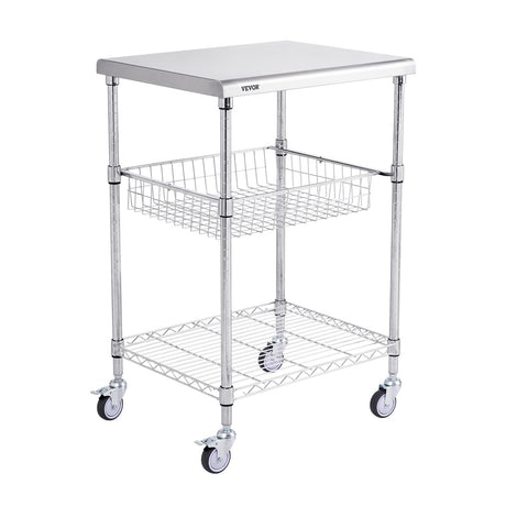 VEVOR Kitchen Utility Cart, 36.6"x20"x24" 3 Tiers Wire Rolling Cart, 470LBS Capacity Steel Service Cart with Brake Wheels, Storage Trolley with 76mm Basket PP Liner 6 Hooks, for Indoor & Outdoor Use VEVOR