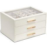 Vlando Jewelry Box for Women, Glass Lid Jewelry Organizer with 3 Drawers for Necklaces Rings Earrings Bracelets Mother Day Gift for Mom - Cloud White Vlando