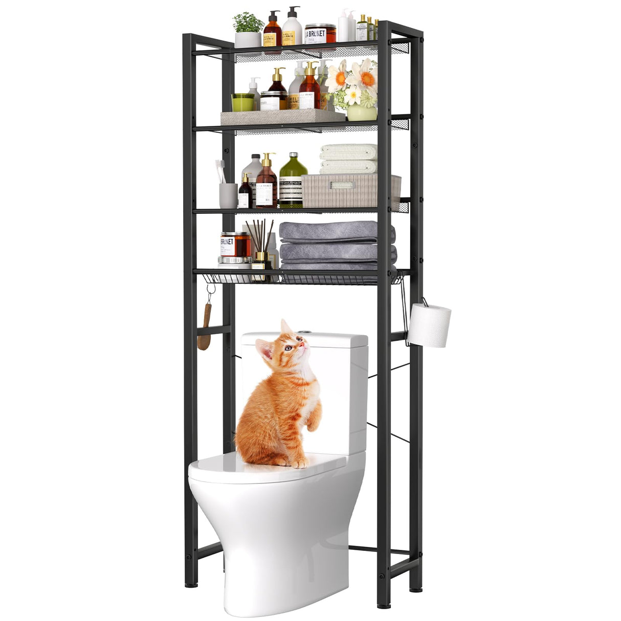 IFELS Over The Toilet Storage Cabinet, Over Toilet Bathroom Organizer Shelf 4 Tier Large Capacity, Sturdy Space Saving Bathroom Shelves Over Toilet Storage, Pre Drilled Holes, Easy to Assemble(Black) IFELS