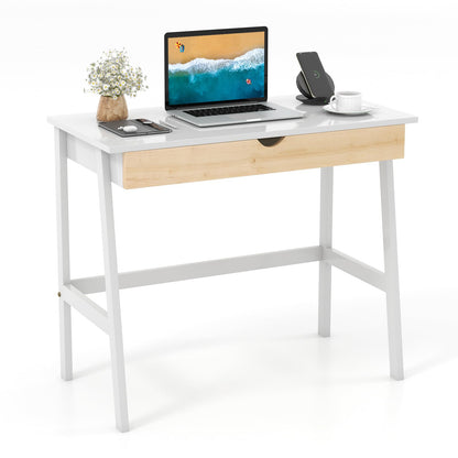 Giantex Modern Writing Desk with Drawer, White Computer Desk with Rubber Wood Legs, Minimalist Workbench Desk for Small Space, Makeup Table Vanity - WoodArtSupply